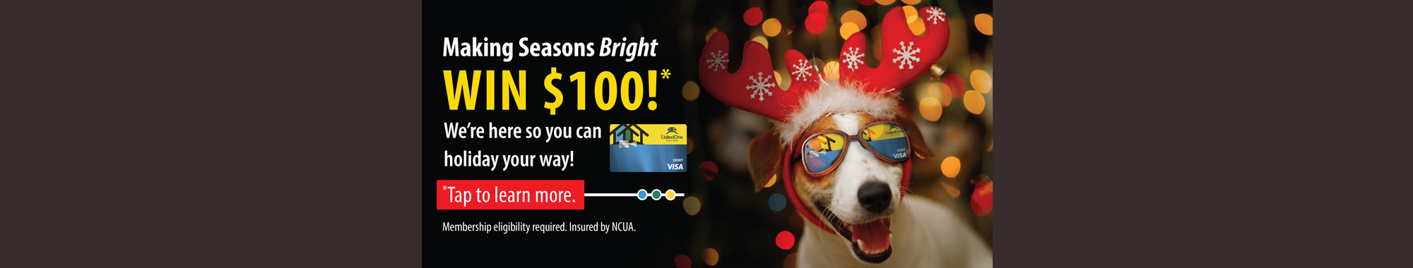 Happy dog wearing UnitedOne Credit Union Visa Debit Card glasses. Tap to learn more.