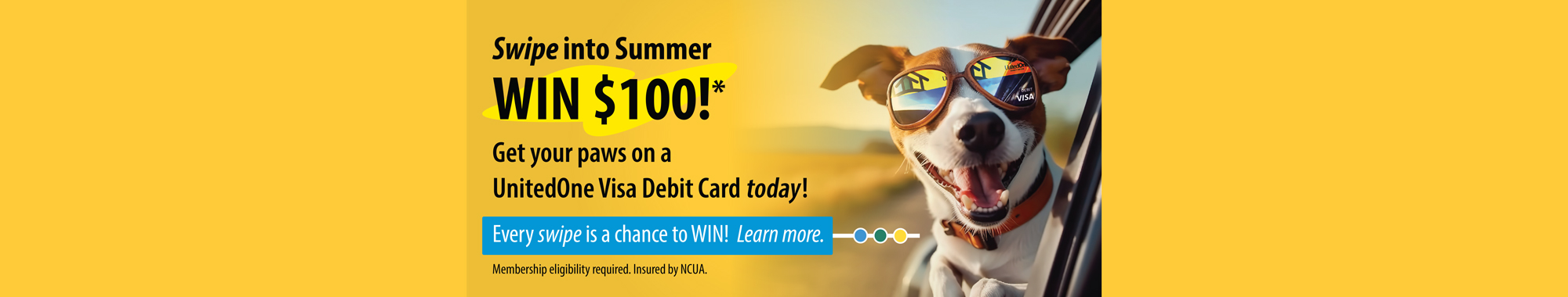 Swipe into Summer - WIN $100* - Get your paws on a UnitedOne Visa Debit Card today! Every swipe is a chance to WIN! Learn more.