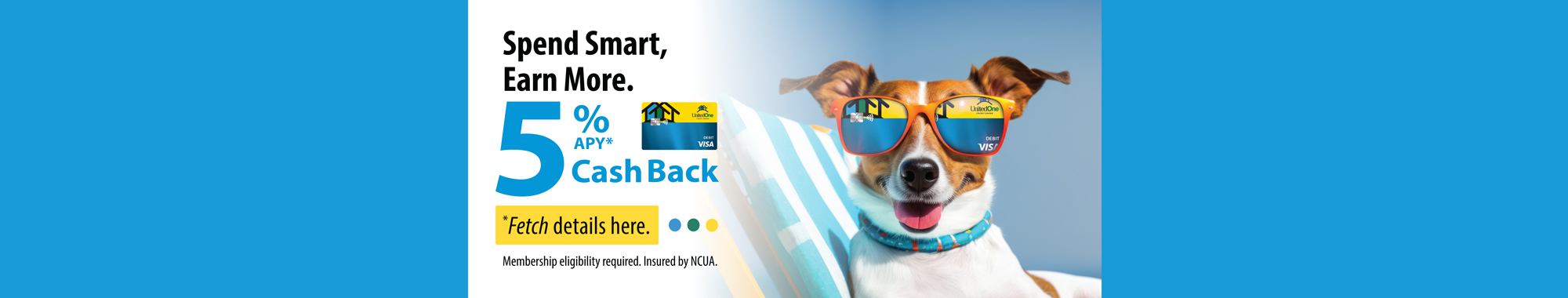 Happy dog wearing UnitedOne Credit Union Visa Debit Card glasses. Fetch details here.