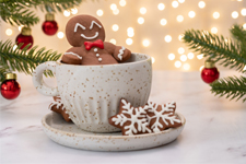 Smiling gingerbread cookie relaxing in a winter mug