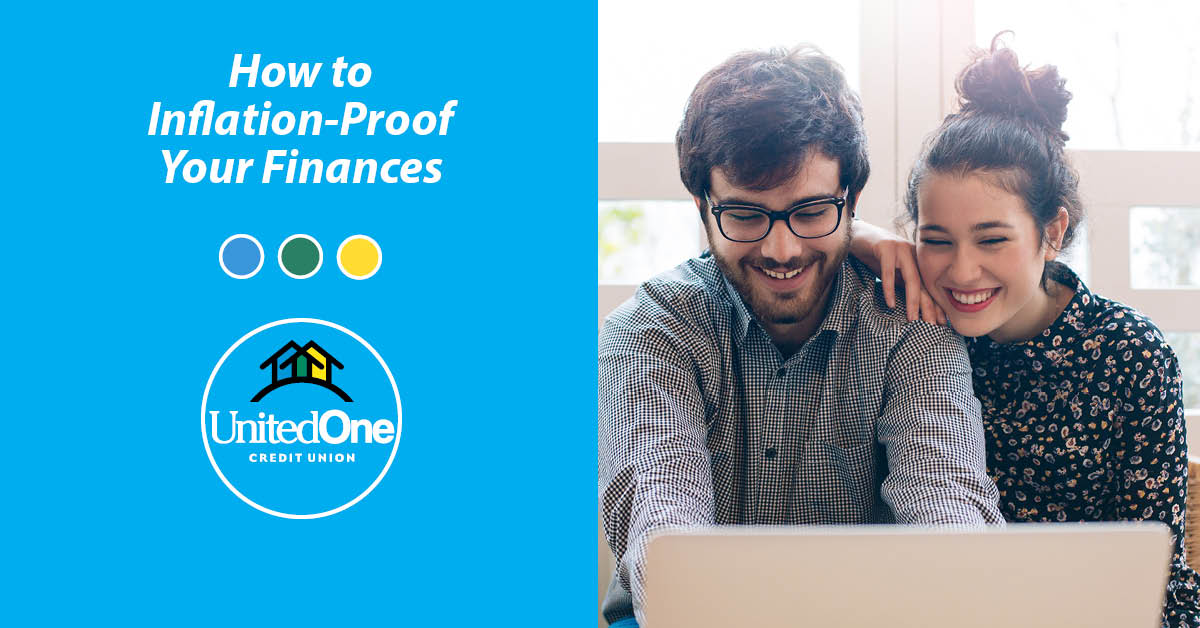 Smiling couple looking at a laptop with the words "How to inflation-proof your finances" on the left