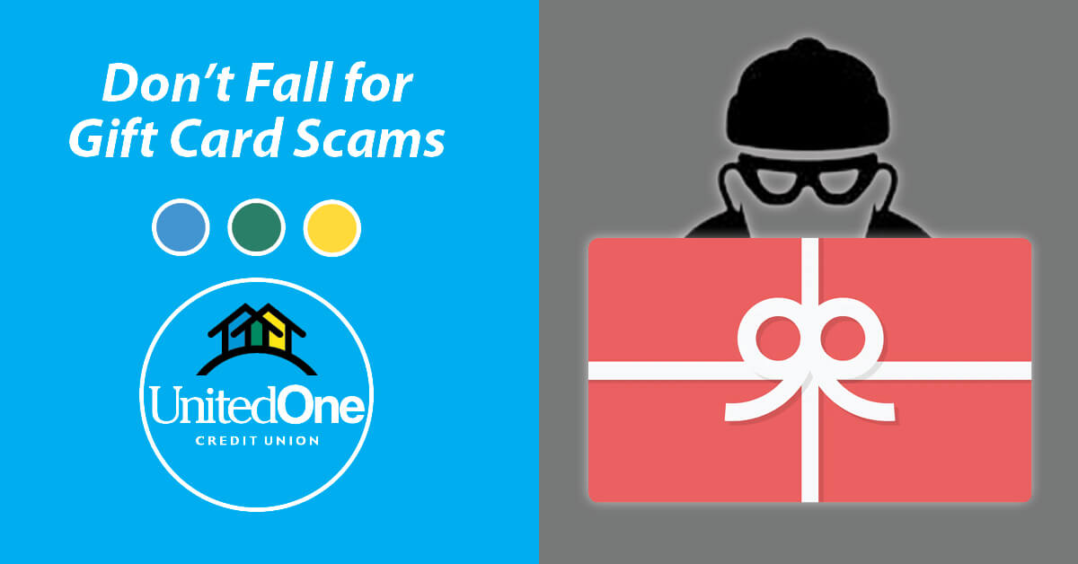 Graphic with text "Don't Fall for Gift Card Scams" and cartoon photo of gift card and a robber